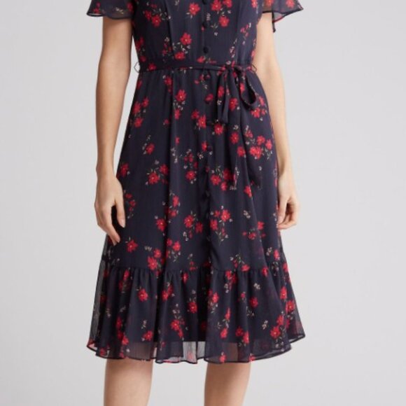 Calvin Klein Navy Floral V-Neck Chiffon Midi Dress – Size 12 - Picture 3 of 9
